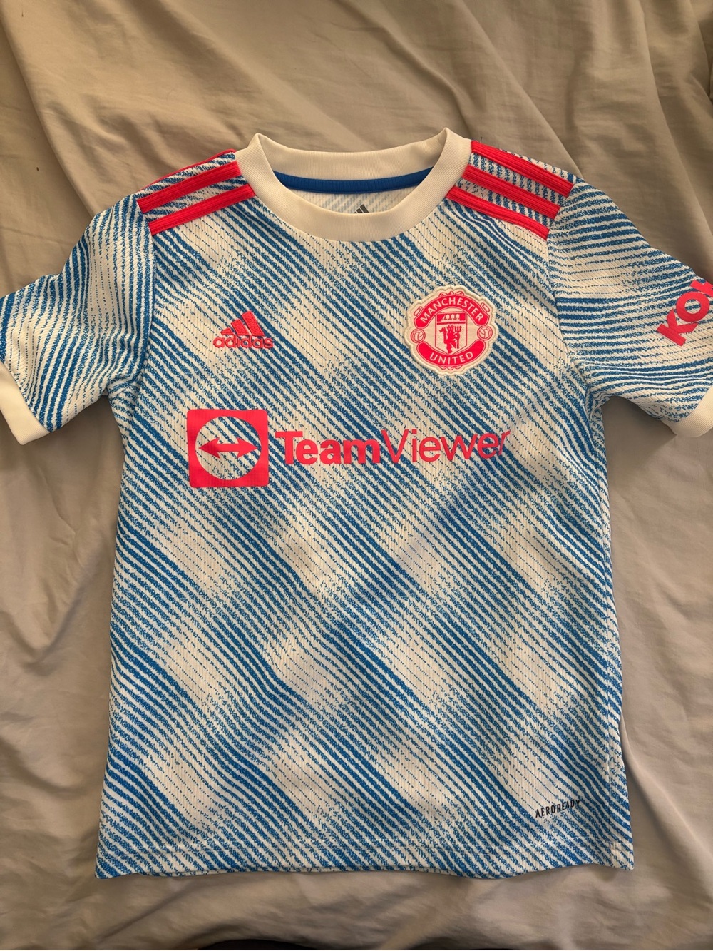 adidas Manchester United Kids Blue, White & Pink Away Jersey